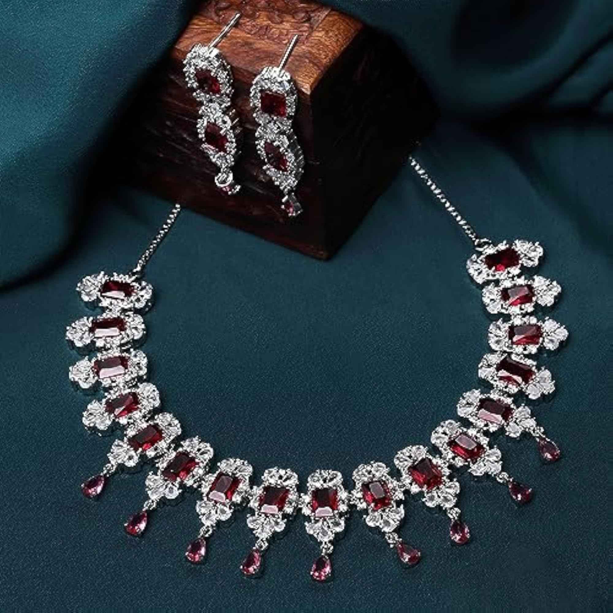 Rhodium Plated Square Shaped Silver Toned American Diamond Necklace Set